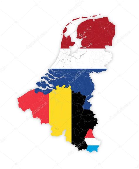 Map of BeNeLux countries with rivers and lakes in colors of the national flags.