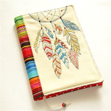 Colorful handmade fabric book cover with embroidered dream catcher made of cotton fabrics ...