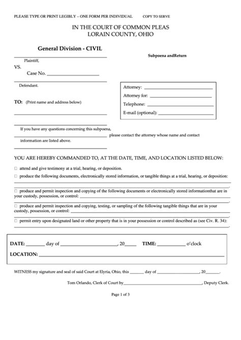 Fillable Civil Subpoena Form The Court Of Common Pleas Printable Pdf - CountyForms.com