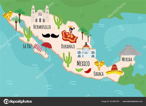 Mapa Dos Desenhos Animados México Ilustração Viagem Com Maracas Sombrero — Vetor de Stock ...