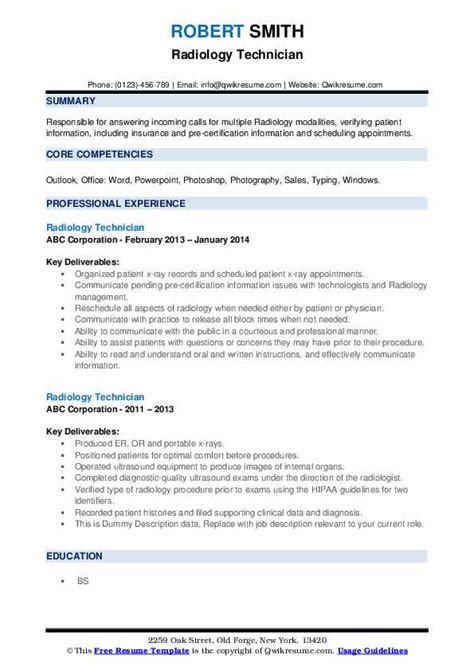 Radiology Technician Resume Samples | QwikResume