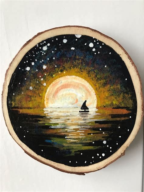 Moon Sailboat Wood Slice Art/ Wood Slice Art/ Moon Phase Wood Slice ...