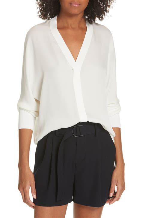 Vince V-Neck Rib Trim Silk Blouse | Nordstrom in 2021 | White silk ...