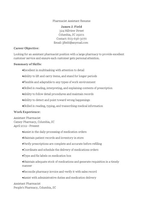 Pharmacist Assistant Resume | Templates at allbusinesstemplates.com