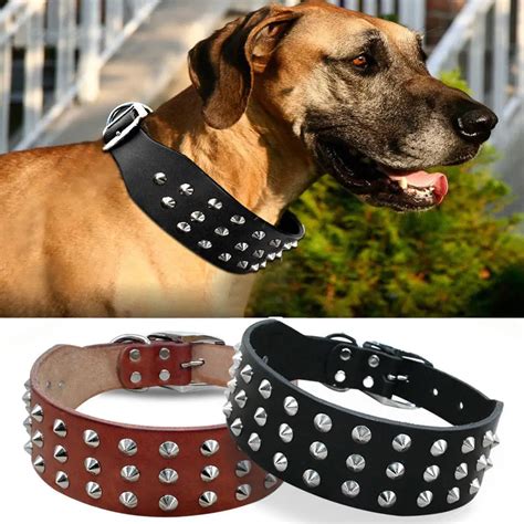 Genuine Leather Dog Collar for Large Dogs Cool Rivets Studded Spiked ...