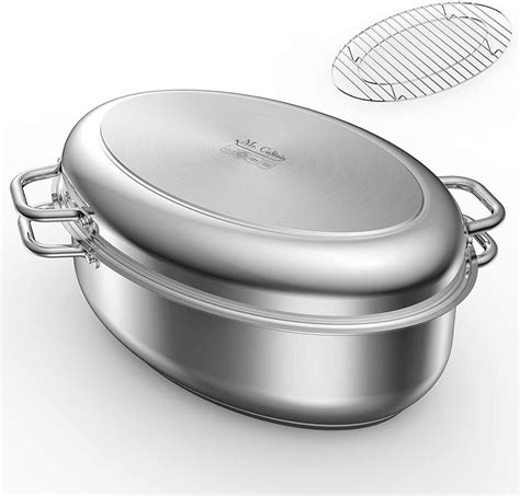 Mr Captain Roasting Pan with Rack and Lid 12 Quart,18/10 Stainless Steel Multi-Use Oval Turkey ...