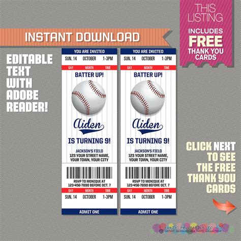 Baseball Ticket Invitation with FREE Thank you Card | Etsy