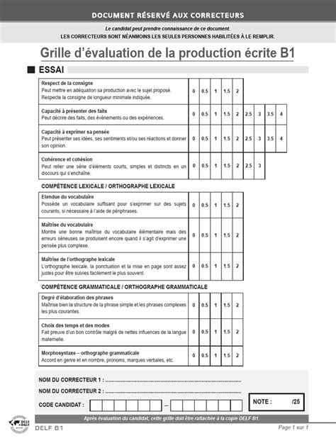 DELF B1 Writing Evaluation Criteria Set 1 | PDF