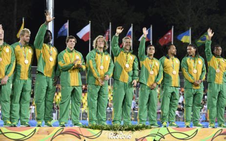 The South African Rugby Sevens team celebrates on the podium during the medal ceremony at the ...