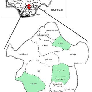 Map of Nigeria above showing Enugu state and map of Enugu state showing ...