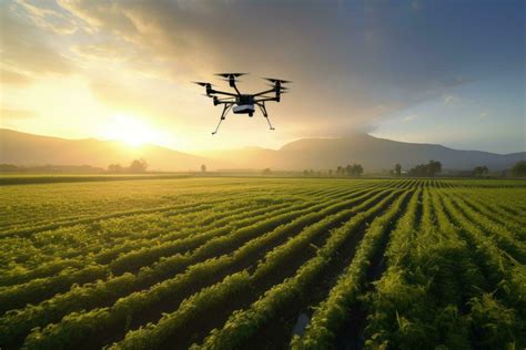 AI generated Drone flying over the agricultural field at sunset. 3d ...