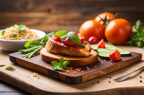 Premium AI Image | A cutting board with food and vegetables on it