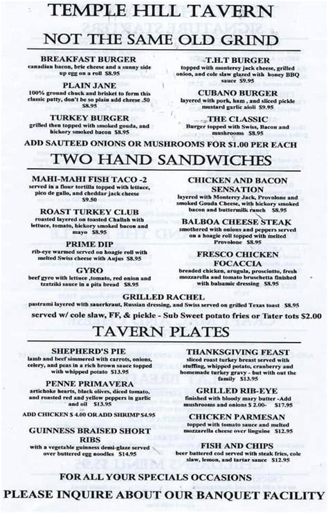 Menu at Temple Hill Tavern pub & bar, New Windsor