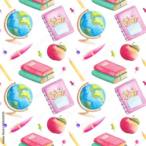 Watercolor school supplies seamless pattern Back to school stationery ...