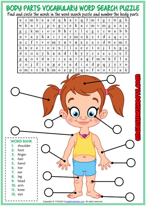 Body Parts ESL Printable Word Search Puzzle Worksheet