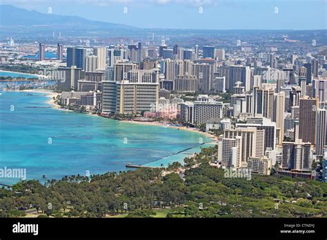 Aerial view of the skyline of Honolulu, Oahu, Hawaii, showing the downtoan and hotels around ...