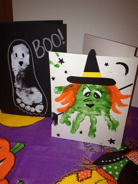 Halloween card craft for kids - witch handprint and ghost footprint | Crafts, Halloween cards ...