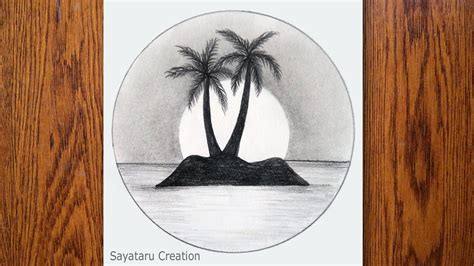 Scenery Drawing in a Circle | Easy Sunset Scenery Drawing with Pencil ...