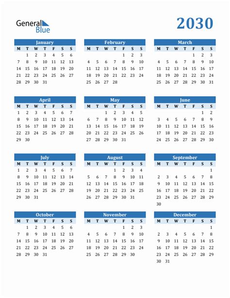 Free 2030 Year Calendar in PDF, Word, and Excel