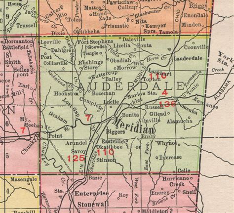 Lauderdale County, Mississippi, 1911, Map, Rand McNally, Meridian, Marion, Collinsville