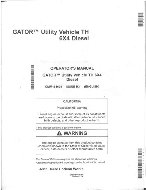 John Deere Utility Vehicle Gator TH 6X4 Diesel Operators Manual - TH6X4