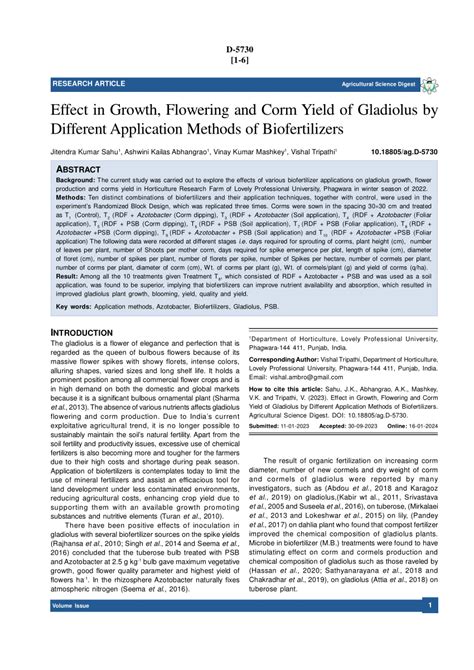 (PDF) D-5730 [1-6] Effect in Growth, Flowering and Corm Yield of Gladiolus by Different ...