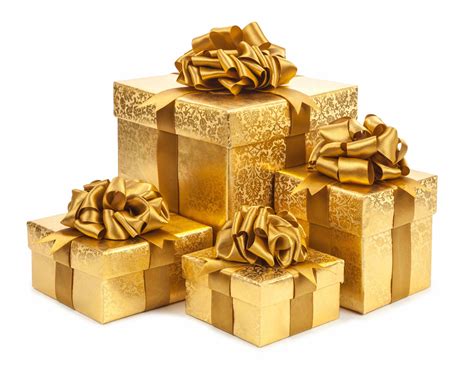 Gift boxes of gold color isolated on white background | Crystal Valley