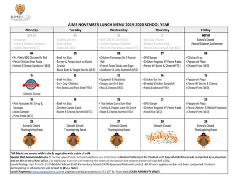 Lunch Menu - November 2019 — AIMS K-12