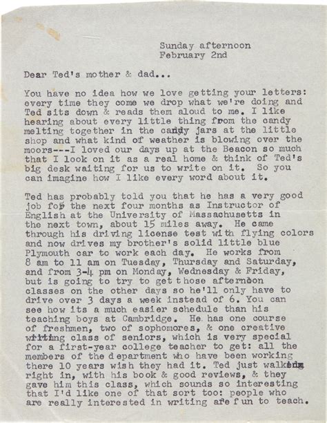 Sylvia Plath | Typed letter signed, to Edith & William Hughes, on life in America, 2 February ...