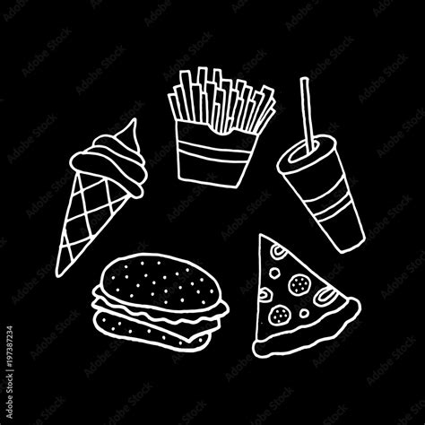 Linear cartoon hand drawn fast food collection. Cute vector black and ...