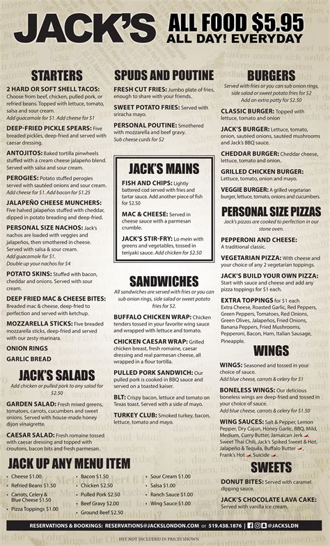 Jack's menu in London, Ontario, Canada