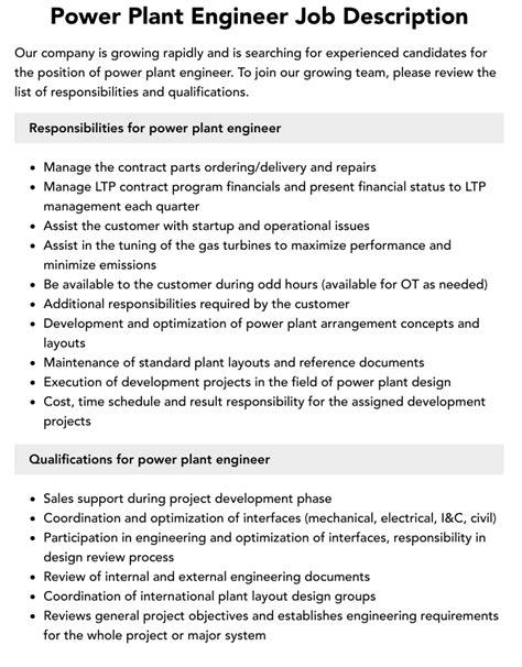 Power Plant Engineer Job Description | Velvet Jobs