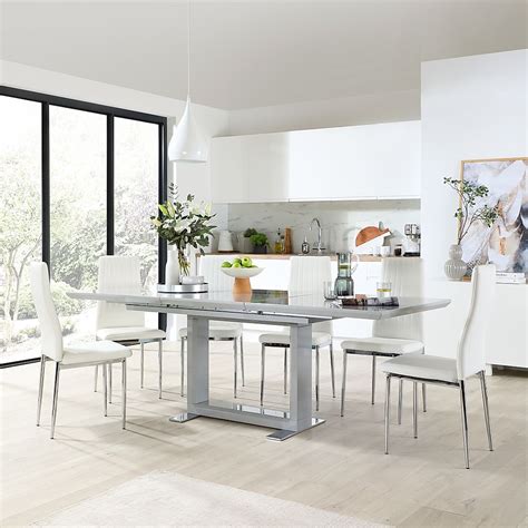 Tokyo Extending Dining Table & 6 Leon Chairs, Grey High Gloss, White Classic Faux Leather ...