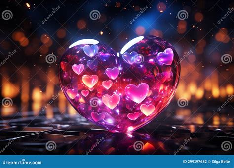 A Pink Big Glass Heart with Little Hearts Inside If it Standing on Wet Pavement. Blurred Fire ...