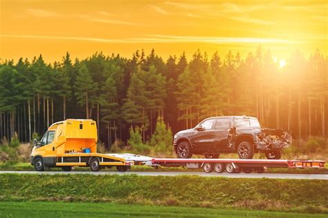 Premium Photo | A tow truck evacuates a broken pickup truck on a ...