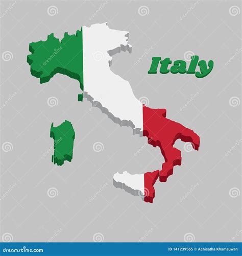 3D Map Outline Country Shaped Like a Boot and Flag of Italy, it is a Vertical Tricolor of Green ...