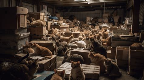 Lots Of Cats In A Warehouse With Boxes Background, Cats Spending Free ...