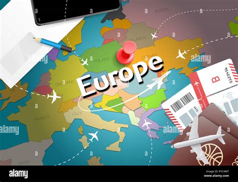 Europe travel concept map background with planes, tickets. Visit Europe travel and tourism ...