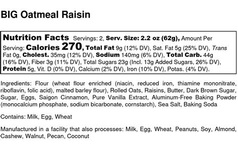 BIG Oatmeal Raisin - Nutrition Label - Sweet Girl Cookies