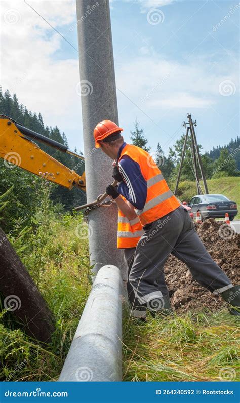 Builders Installing Utility Poles Along the Rode Editorial Photography - Image of industry ...