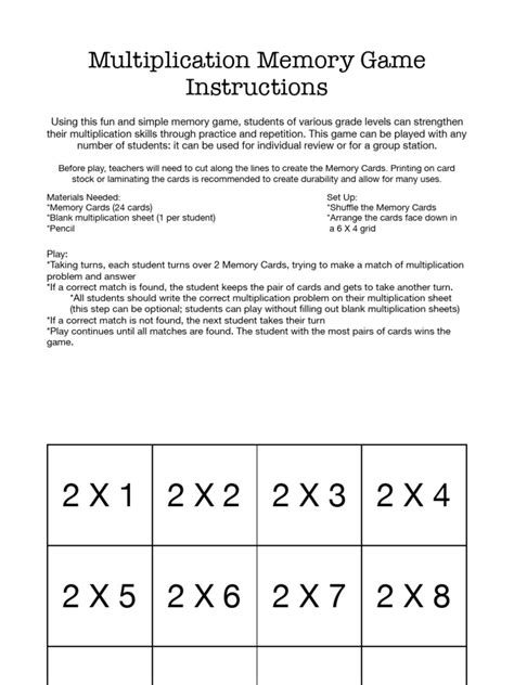 Multiplication Memory Game Instructions | PDF