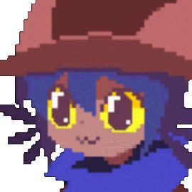 a pixellated image of a person wearing a hat and blue shirt with yellow eyes