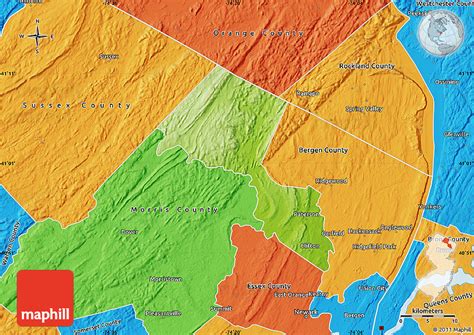 Physical Map of Passaic County, political outside