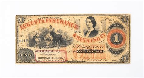 1861 Confederate One Dollar Note Augusta Insurance & Banking Co Georgia $1 Rebel