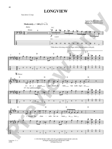 Longview: Bass Guitar: Green Day - Digital Sheet Music Download