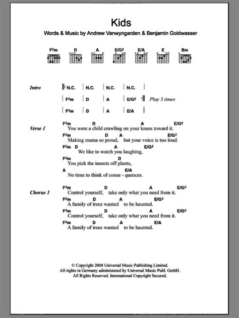 Kids sheet music for guitar (chords) (PDF)