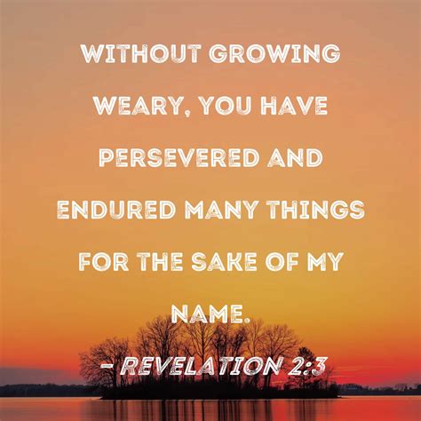 Revelation 2:3 Without growing weary, you have persevered and endured many things for the sake ...