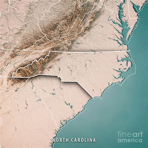 North Carolina State USA 3D Render Topographic Map Neutral Borde Digital Art by Frank Ramspott