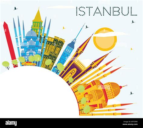 Istanbul Turkey City Skyline with Color Buildings, Blue Sky and Copy Space. Vector Illustration ...