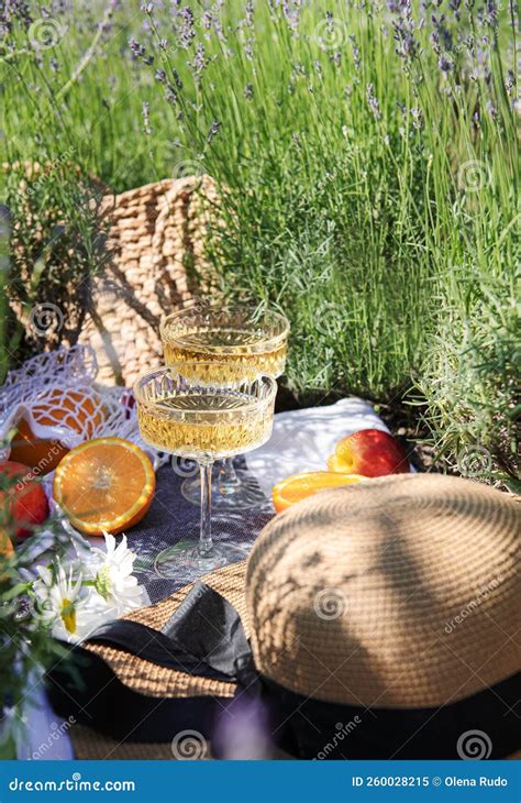 Summer Picnic on a Lavender Field Stock Image - Image of herbal, glass: 260028215